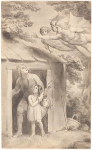 Piotr i jego dzieci odwiedzeni przez trzy latające postacie autorstwa Thomas Stothard