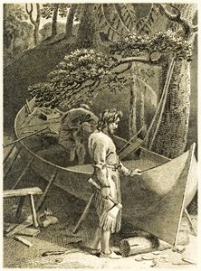 Robinson Crusoe i Piętaszek robiący łódkę" z książki Daniela Defoe "Życie i dziwne, zaskakujące przygody Robinsona Crusoe, czyli Yorka, marynarza".