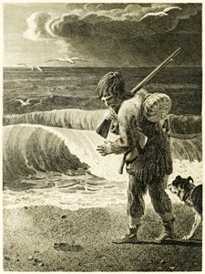 Robinson Crusoe odkrywa odcisk ludzkiej stopy? z książki Daniela Defoe "Życie i dziwne, zaskakujące przygody Robinsona Crusoe, czyli Yorka, marynarza".
