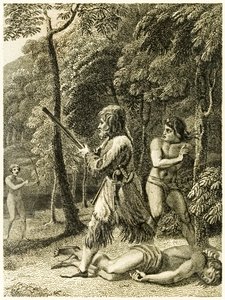 Robinson Crusoe po raz pierwszy widzi i ratuje swojego człowieka Piętaszka? z książki Daniela Defoe "Życie i dziwne, zaskakujące przygody Robinsona Crusoe, czyli Yorka, marynarza".