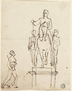 Rzeźba jeźdźca w towarzystwie dwóch stojących postaci, ze szkicem jednej z ostatnich autorstwa Thomas Stothard