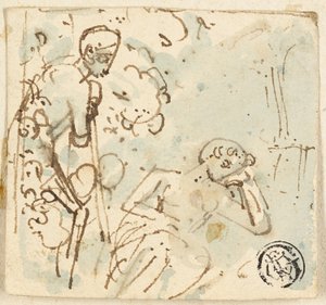 Szkic mężczyzny opartego na kiju, patrzącego na śpiącą kobietę autorstwa Thomas Stothard