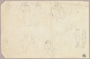 Szkice do Tristram Shandy (rekto); Szkice medalionu z siedzącą postacią alegoryczną (verso) autorstwa Thomas Stothard