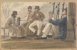 Czterech marynarzy relaksuje się na pokładzie, jeden czyta autorstwa Thomas Streatfeild