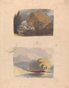 Dwa rysunki na jednej kartce: Chałupa z postaciami z przodu (nr 15); Krajobraz z rzeką i górami - Słońce (nr 16) autorstwa Thomas Sully