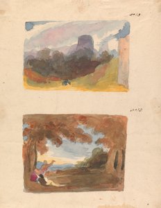 Dwa rysunki na jednej kartce: Pejzaż z zamkiem - maniera współczesna (nr 13); Pejzaż z postaciami na pierwszym planie (nr 14) autorstwa Thomas Sully