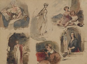[Bez tytułu] (Six Figure Studies), ok. 1830 (atrament żelazo galasowy i toaleta na beżowym, średniej gramaturze, umiarkowanie teksturowanym antycznym papierze kładzionym) (recto) autorstwa Thomas Sully
