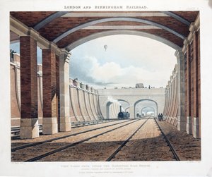 Widok z mostu Under the Hampstead Road, w kierunku stacji na Euston Square, 1837 (ręcznie kolorowy grawerunek) autorstwa Thomas Talbot Bury