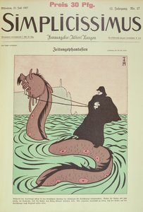 Kaiser cavalga a Serpente do Mar para a Inglaterra, capa Ilustração de Simplicissimus Polish autorstwa Thomas Theodor Heine