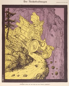 Samochód Cesarstwa Niemieckiego prowadzony przez Wilhelma II (1859-1941) ilustracja z okładki „Simplicissimus” 1907 (litografia kolorowa) autorstwa Thomas Theodor Heine