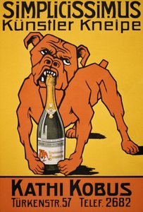Vintage plakat buldoga gryziejącego butelkę szampana (plakat) autorstwa Thomas Theodor Heine