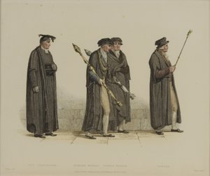 Wicekanclerz, Esquire Beadle, Yeoman Beadle, Verger, rycina J. Agar, opublikowana w „History of Oxford” R. Ackermanna, 1813 (rycina ręcznie kolorowana) autorstwa Thomas Uwins