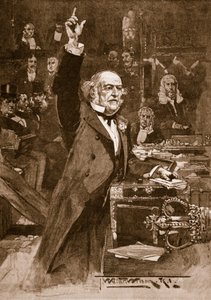Wprowadzenie ustawy o zasadach panujących w domu: Pan Gladstone wygłasza swoje przemówienie, 1886, ilustracja z „Ilustrowanej historii Anglii Cassella” (zdjęcie w sepii)
