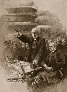 Arcybiskup Canterbury podczas demonstracji w Royal Albert Hall, 1893, ilustracja z „Ilustrowanej Historii Anglii Cassella” (zdjęcie w sepii)