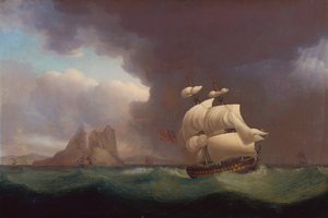 Dwupokładowy i inne statki w sztormowej pogodzie u wybrzeży Gibraltaru autorstwa Thomas Whitcombe