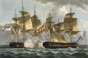 Zdobycie Mahonesy, 13 października 1796, grawerowane przez Thomasa Sutherlanda dla J. Jenkinsa „Naval Achievements”, 1816 (kolorowy grawerunek)