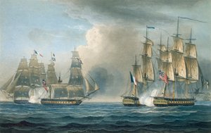 Zdobycie Pomone przez HMS Arethusa u wybrzeży Kuby w 1806 r., grawerowane przez T. Sutherlanda dla „The Naval Chronology of Great Britain” J. Ralfe, opublikowanej w 1820 r.