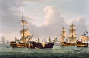 Akcja Lorda Hothama, 14 marca 1795, grawerowana przez Thomasa Sutherlanda dla „Naval Achievements” J. Jenkinsa, 1816 (kolorowa grawerunek)