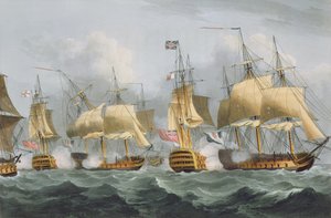 Lord Howe w Queen Charlotte, Breaking the Enemy Line, 29 maja 1794, grawerowane przez Thomasa Sutherlanda dla „Naval Achievements” J. Jenkinsa, 1816 (kolor grawerowany)