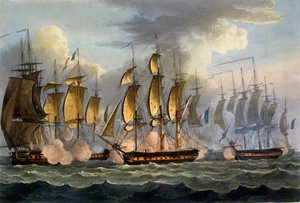 The Capture of La Prévoyante i La Raison, 17 maja 1795, z „The Naval Achievements of Great Britain” Jamesa Jenkinsa, grawerowane przez Thomasa Sutherlanda, opublikowane 1817 (akwatinta ręcznie kolorowana)