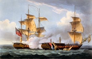 Zdobycie La Vestale, 20 sierpnia 1799, z „The Naval Achievements of Great Britain” Jamesa Jenkinsa, grawerowane przez Thomasa Sutherlanda, opublikowane 1817 (akwatinta ręcznie kolorowana)