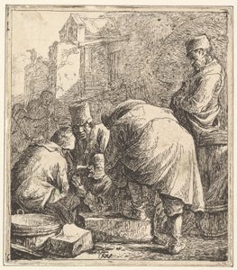 Mężczyzna poprawiający obuwie, po lewej Trzech mężczyzn do gry w karty, 1630-77. autorstwa Thomas Wijck