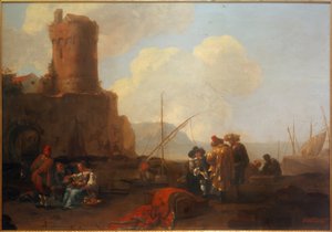 Port morski ze zrujnowaną wieżą