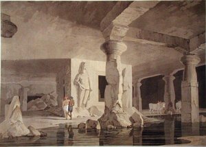 Część Świątyni Elephanta, tablica VIII z "Oriental Scenery", opublikowana w 1800 r. (akwatinta barwna) autorstwa Thomas und William Daniell
