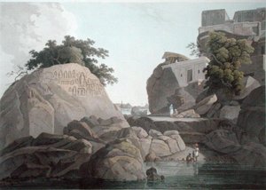 South East View of Fakeers Rock na rzece Ganges, niedaleko Sultaungunge, płyta X z „Oriental Scenery”, opublikowana 1800 (kolorowa akwatinta) (patrz także 86311) autorstwa Thomas und William Daniell