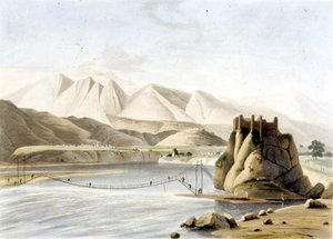 Most linowy w Sirinagur, tablica XXIII z części 6 "Oriental Scenery", wyd. 1805 (akwatinta) autorstwa Thomas und William Daniell
