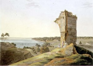 Vaizdas iš Kuros forto griuvėsių, Gango upėje, XXI plokštė iš 4 dalies „Rytų peizažas“, baras. 1803 (akvatinta)polis autorstwa Thomas und William Daniell