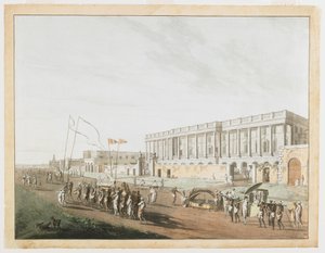 Nowy budynek sądu i Chandpam Ghaut z widoków Kalkuty autorstwa Thomas und William Daniell