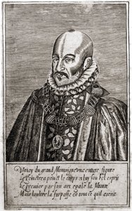Portret Michela de Montaigne (1533-1592), francuskiego pisarza. Grawerowanie autorstwa Thomasa de Leu. (1560-1612).