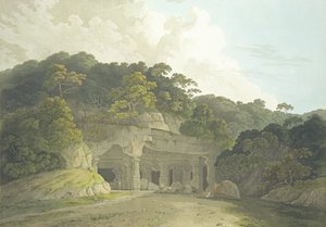 Wejście do jaskini Elephanta, tablica 58 z "Oriental Scenery: Dwadzieścia cztery widoki w Hindoostan", opublikowane 1800 autorstwa Thomas und William Daniell