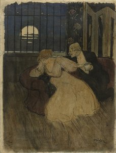 Pan w spódnicy próbuje przekonać wątpiącą panią na kanapie autorstwa Théophile Alexandre Steinlen