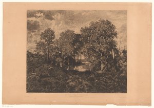 Widok na las Fontainebleau z postacią przy kałuży Une Mare - Forêt de Fontainebleau. (tytuł na obiekcie) autorstwa Théophile Chauvel