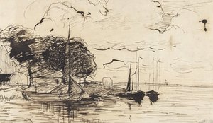 Brzeg ze stodołą i żaglowcami autorstwa Théophile de Bock (possibly)