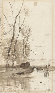 Widok na kanał z wysokimi drzewami, farmą i mostem autorstwa Théophile de Bock (possibly)