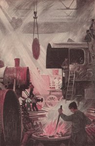 Budowanie lokomotywy (kolorowa litografia) autorstwa Thornton Oakley