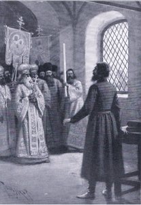 Borys Godunow na emeryturze w klasztorze błagał o przyjęcie swojego wyboru na cara, ilustracja z Zabytki w historii Europy opublikowanej przez Gresham Publishing Co, c.1920 (lito) autorstwa Thure de Thulstrup