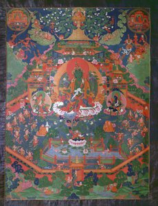 Thangka przedstawiająca Zieloną Tarę (gwasz na tkaninie) autorstwa Tibetan School