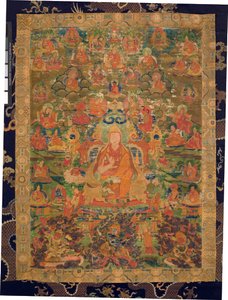 Trzeci Panczenlama Losan Penden Yeshe (gwasz na tkaninie) autorstwa Tibetan School