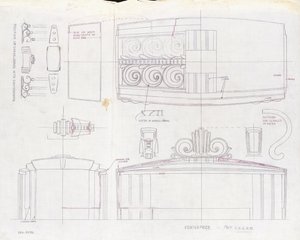 Rysunek projektu centrali ekspozycji Tiffany & Co. i dwóch trójświetlnych kandelabrów, wykonany na Wystawę Światową 1939, ok. 1939 (tusz na papierze) autorstwa Tiffany and Company
