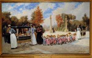 Spacer ze żłobka do Tuileries Pielęgniarki prowadzą dzieci z wózkami. Obraz Timoleona Lobrichona (1831-1914) XIX wiek. Ze zbiorów prywatnych - Promenada Dzieci w ogrodach Tuileries. Nianie na spacer z dziećmi w wózkach. Malowanie przez