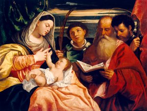 Madonna z Dzieciątkiem ze świętymi Szczepanem, Hieronimem i Maurycym (olej na płótnie)