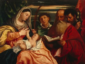 Madonna z Dzieciątkiem ze świętymi Szczepanem, Hieronimem i Maurycym (olej na płótnie)