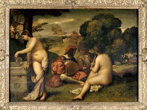 Koncert zespołu Muzycy na trawie, dwie kobiety są nagie, jedna z nich napełniła swój dzban wodą w fontannie. Obraz przypisywany Tiziano Vecellio dit le Titian (1485-1576) lub Giorgio da Castelfranco dit Giorgione (1476/1478-1510) Nd. 1,05 X 1