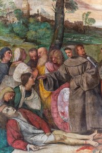 Św. Antoni ponownie przyczepia stopę do młodego mężczyzny, Szkoła Świętego, detal z 2197268 (fresk) autorstwa Titian (c.1488 1576)