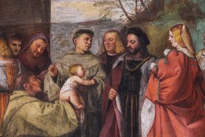 Dzieciątko głoszące niewinność Matki, ściana północna, Szkoła św., fragment 2195188 i 2195385 autorstwa Titian (c.1488 1576)