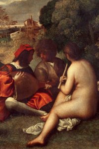 Koncert zespołu Muzycy na trawie, kobiety są nagie. Szczegół. Obraz przypisywany Tiziano Vecellio dit le Titian (1485-1576) lub Giorgio da Castelfranco dit Giorgione (1476/1478-1510) Nd. 1,05 X 1,36 m Paryż, musee du Louvre